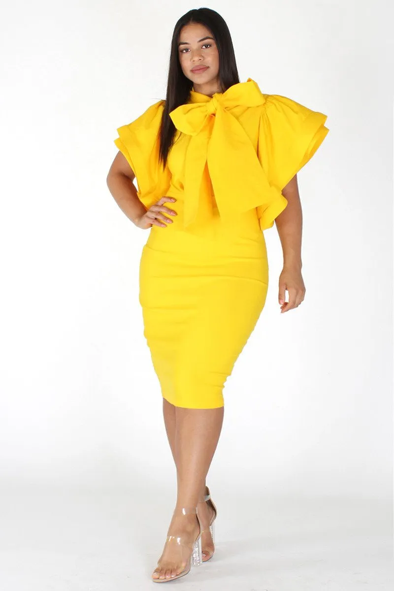 Plus Size Lovable Bow Necktie Ruffle Sleeves Dress