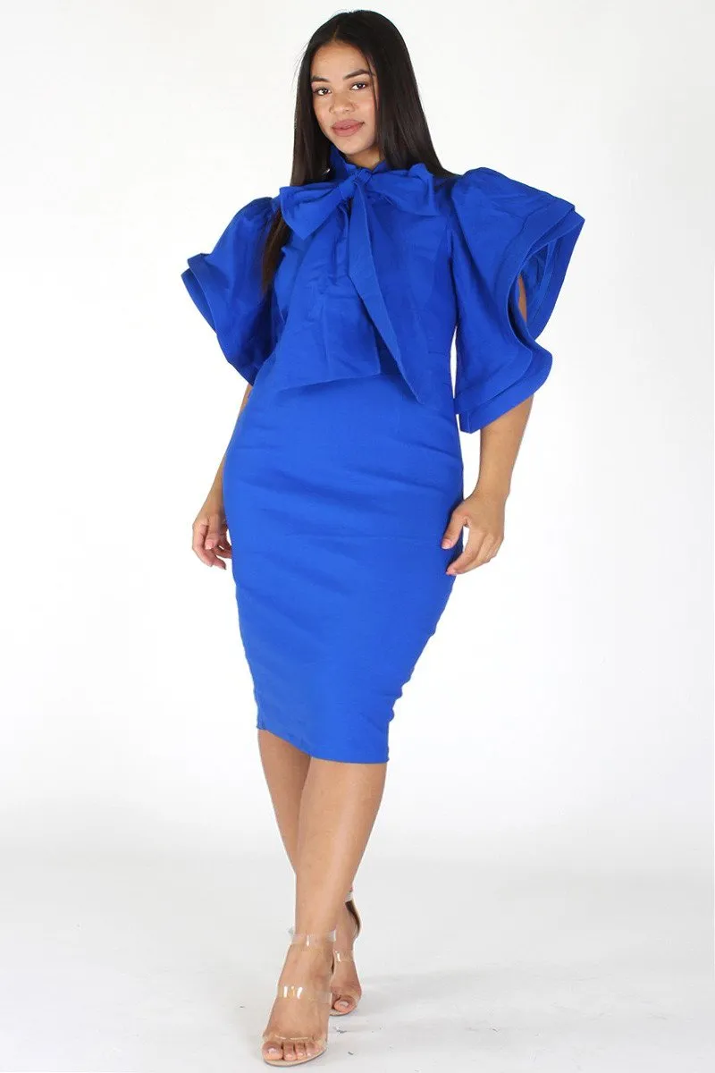 Plus Size Lovable Bow Necktie Ruffle Sleeves Dress