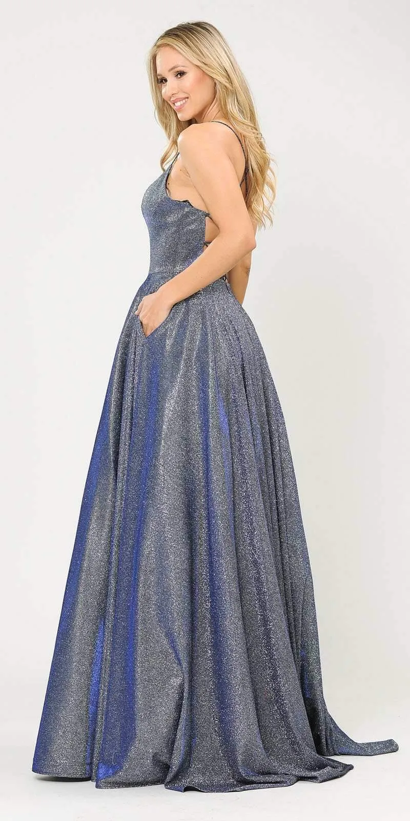 Poly USA 8574 Long Glitter Metallic Knit Dress with Pockets