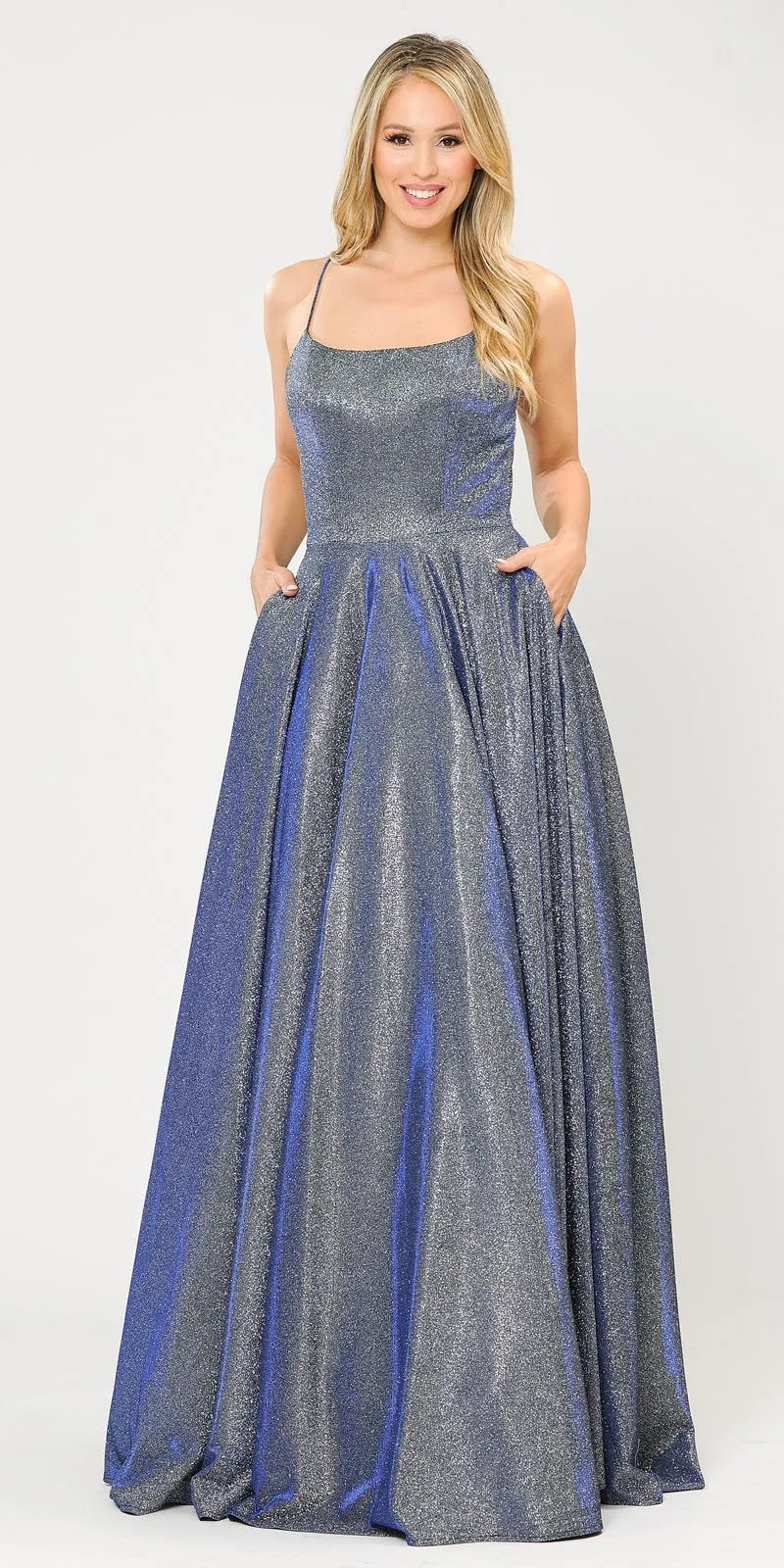 Poly USA 8574 Long Glitter Metallic Knit Dress with Pockets