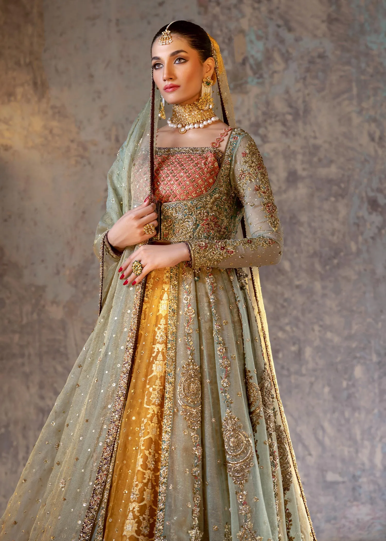 Premium Embellished Pakistani Bridal Gown with Lehenga and Dupatta Dress in Green Color