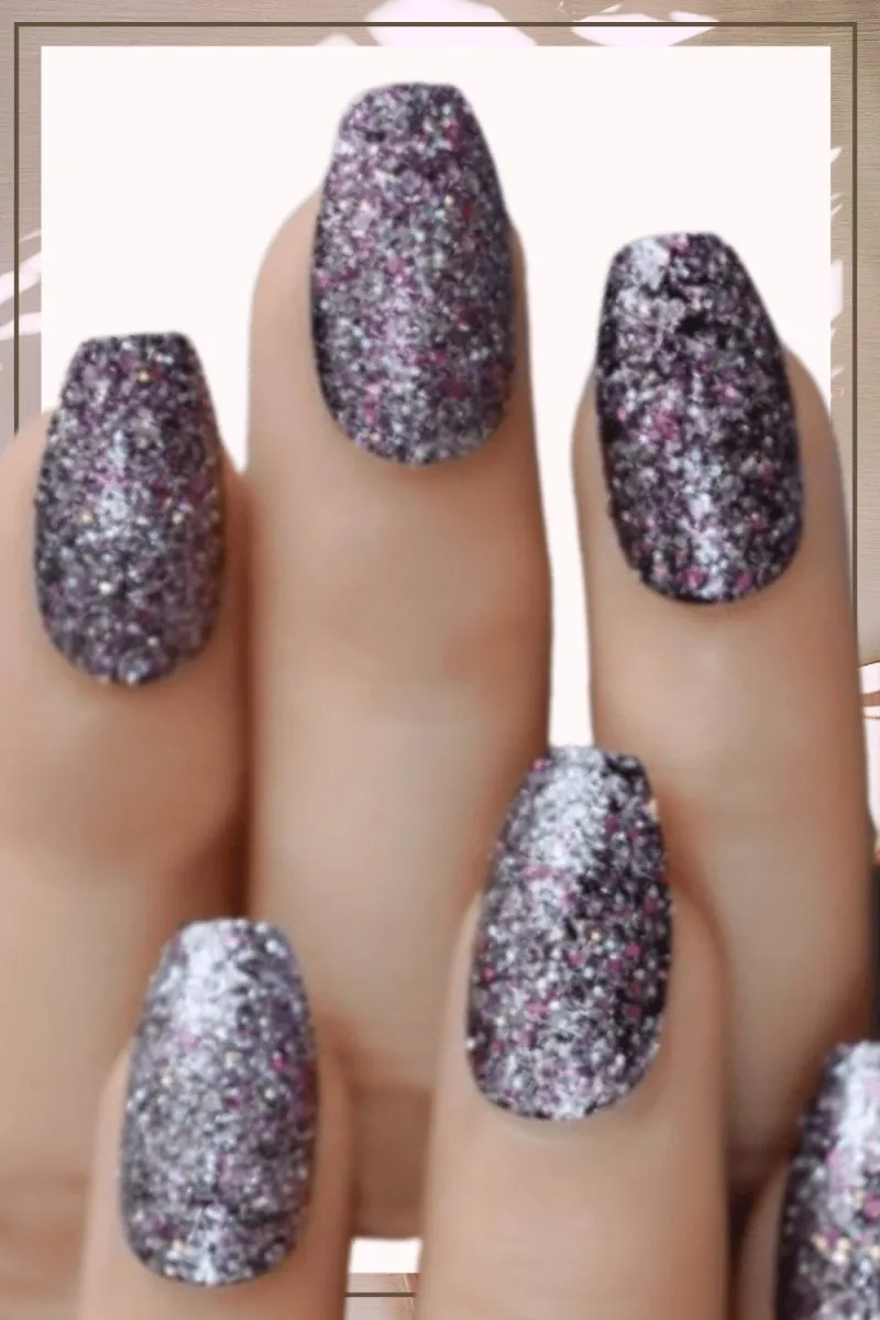 Press On Nails Black Glossy Coffin Pink Glitter Nail Kit