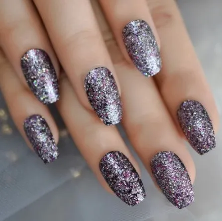 Press On Nails Black Glossy Coffin Pink Glitter Nail Kit