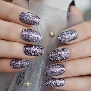 Press On Nails Black Glossy Coffin Pink Glitter Nail Kit