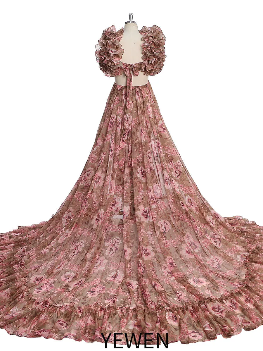 Print Floral Chiffon Woman Dress Photo Shoot Dress Maxi Dress with Long Train YW231023