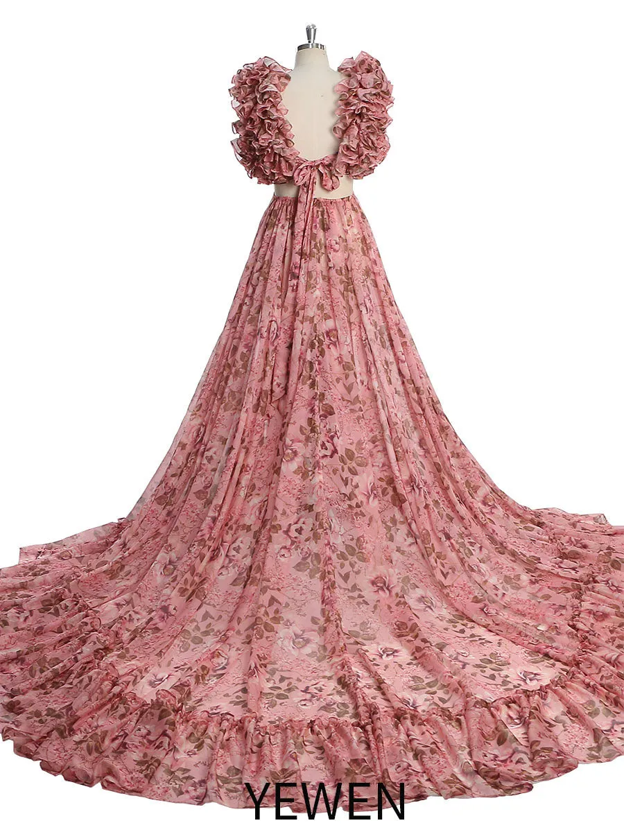 Print Floral Chiffon Woman Dress Photo Shoot Dress Maxi Dress with Long Train YW231023