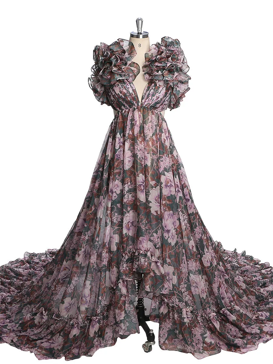 Print Floral Chiffon Woman Dress Photo Shoot Dress Maxi Dress with Long Train YW231023