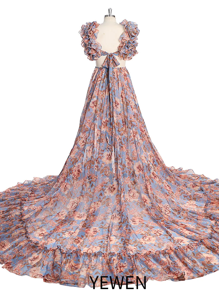 Print Floral Chiffon Woman Dress Photo Shoot Dress Maxi Dress with Long Train YW231023