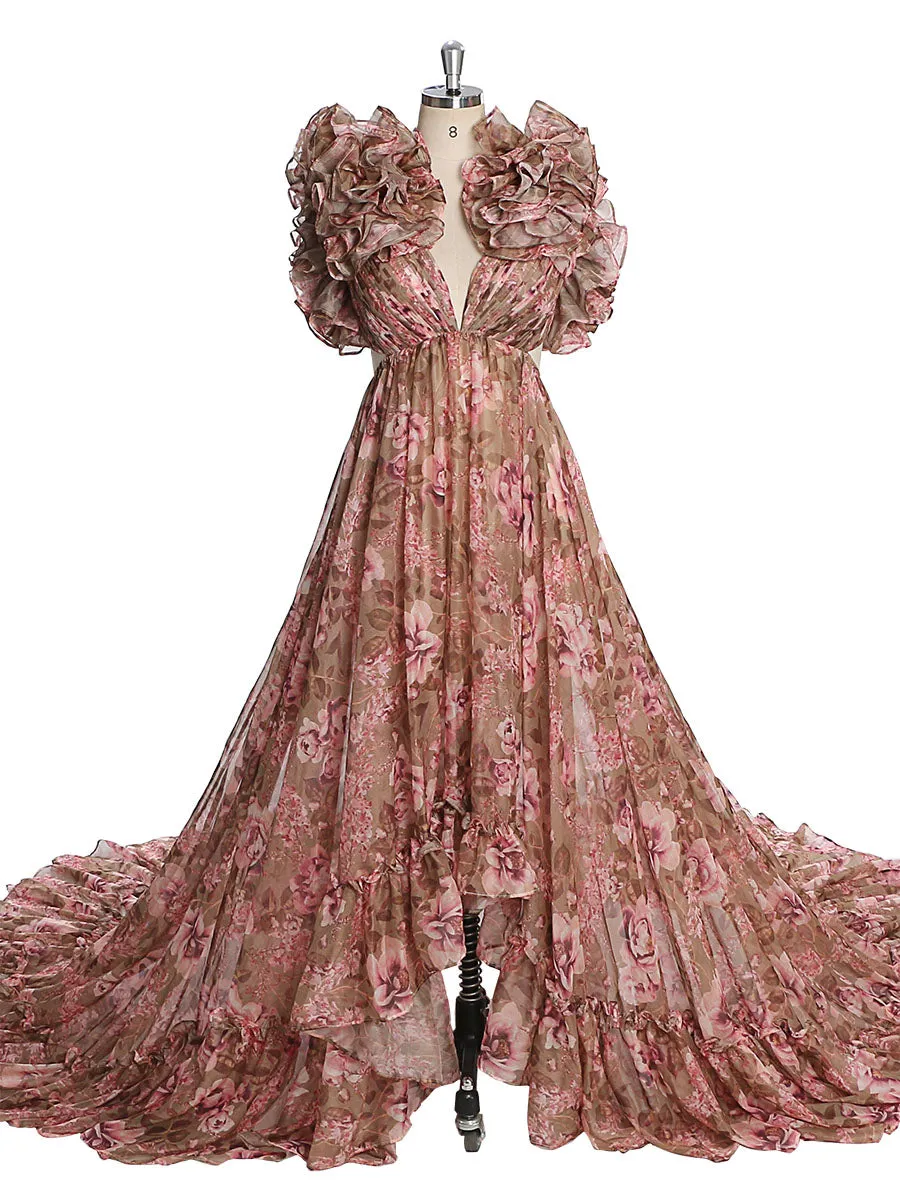Print Floral Chiffon Woman Dress Photo Shoot Dress Maxi Dress with Long Train YW231023