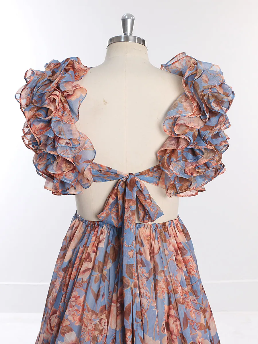 Print Floral Chiffon Woman Dress Photo Shoot Dress Maxi Dress with Long Train YW231023
