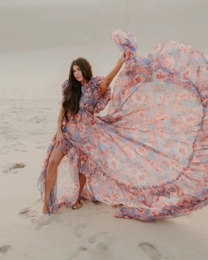 Print Floral Chiffon Woman Dress Photo Shoot Dress Maxi Dress with Long Train YW231023