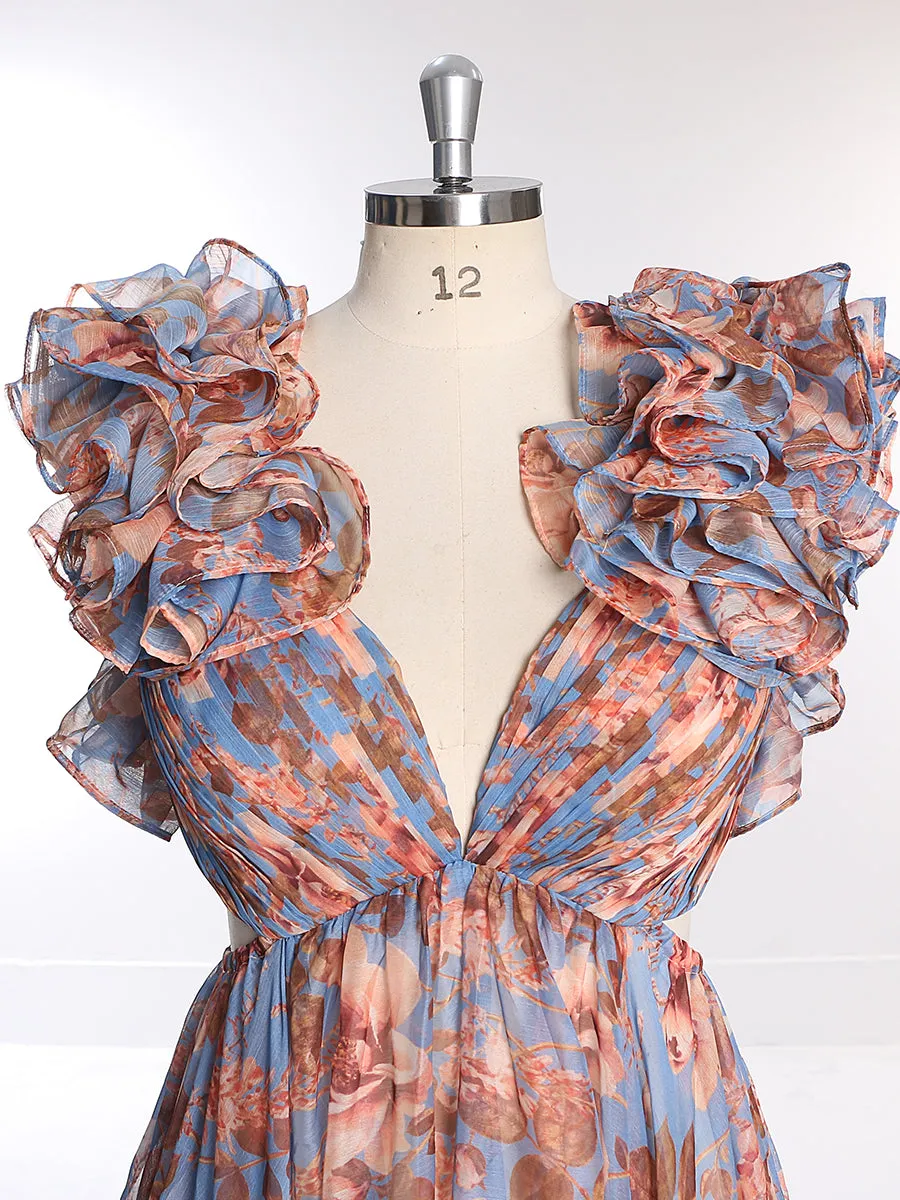 Print Floral Chiffon Woman Dress Photo Shoot Dress Maxi Dress with Long Train YW231023