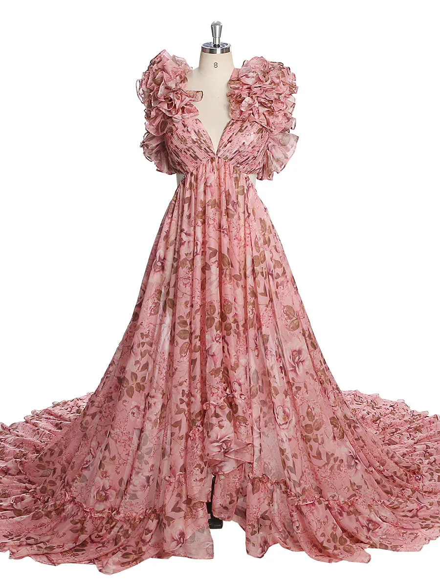 Print Floral Chiffon Woman Dress Photo Shoot Dress Maxi Dress with Long Train YW231023
