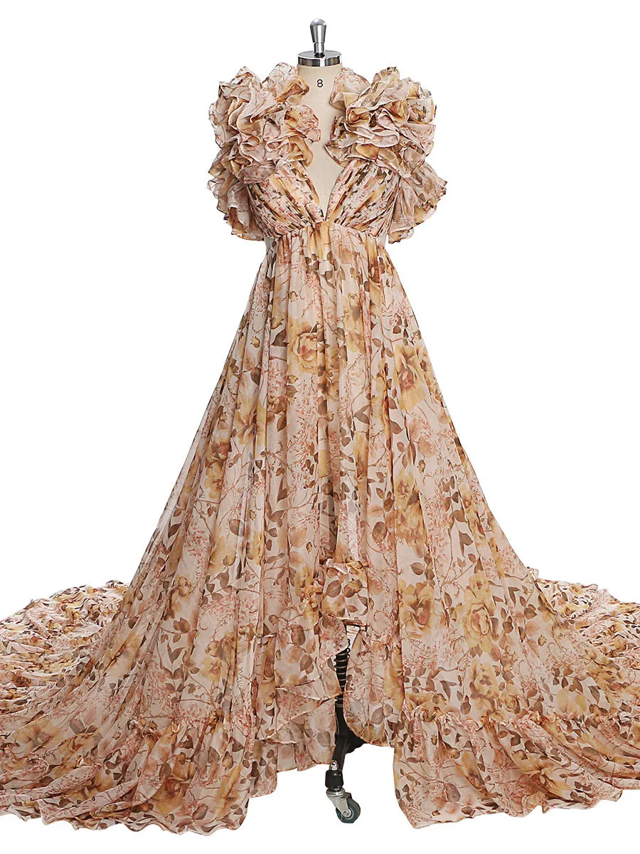 Print Floral Chiffon Woman Dress Photo Shoot Dress Maxi Dress with Long Train YW231023