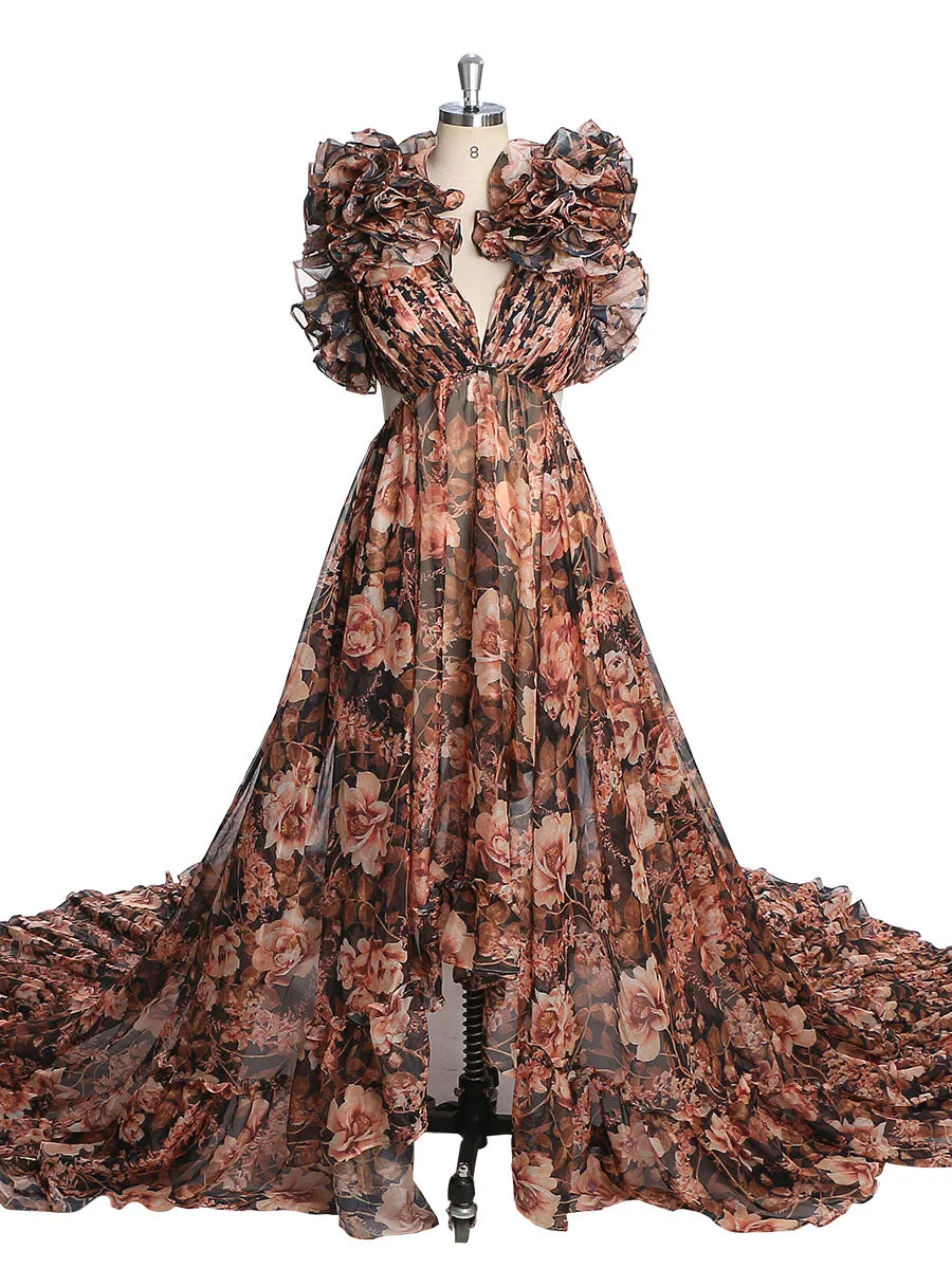 Print Floral Chiffon Woman Dress Photo Shoot Dress Maxi Dress with Long Train YW231023