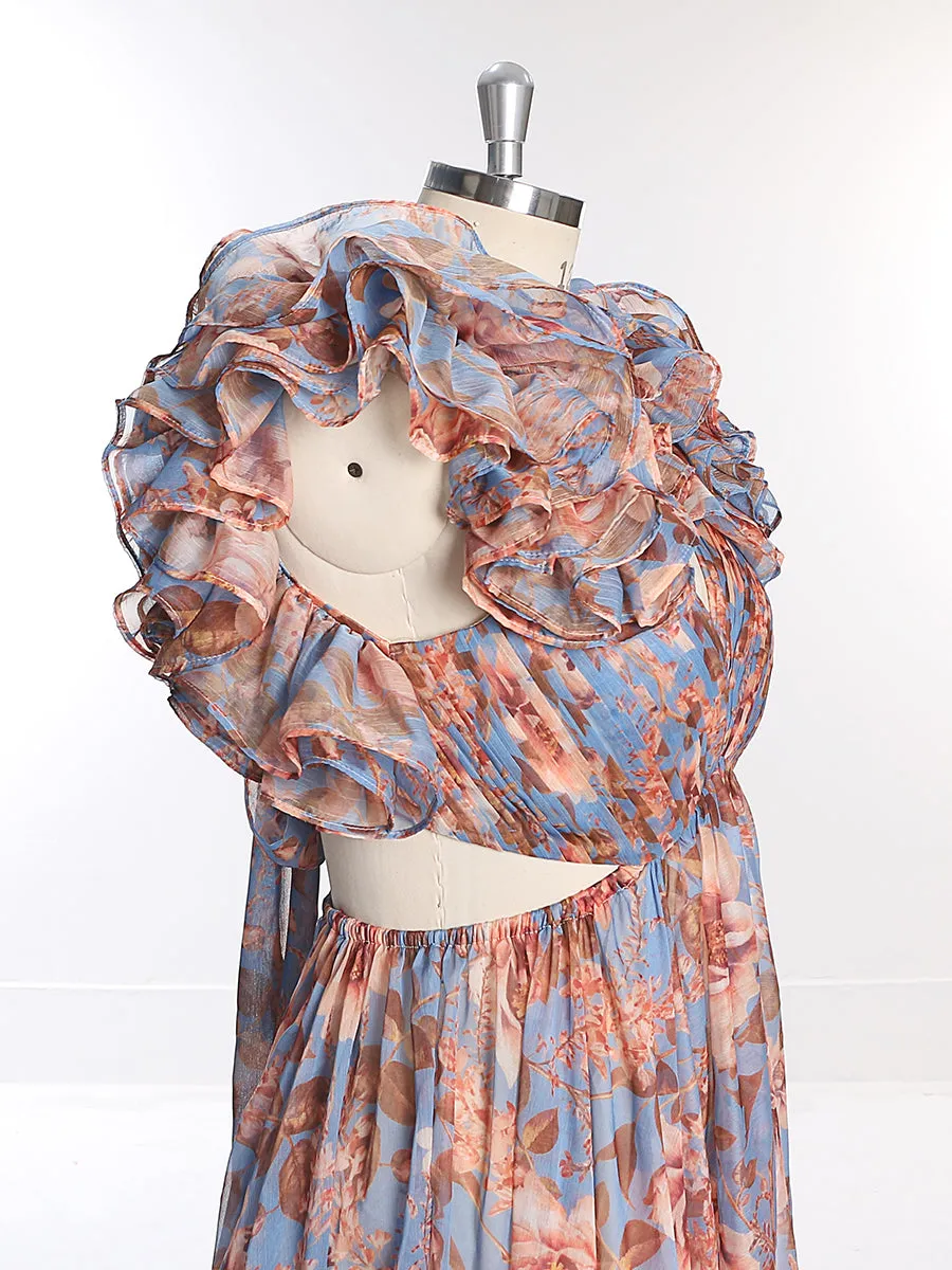 Print Floral Chiffon Woman Dress Photo Shoot Dress Maxi Dress with Long Train YW231023