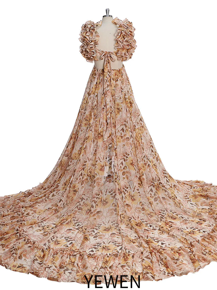 Print Floral Chiffon Woman Dress Photo Shoot Dress Maxi Dress with Long Train YW231023