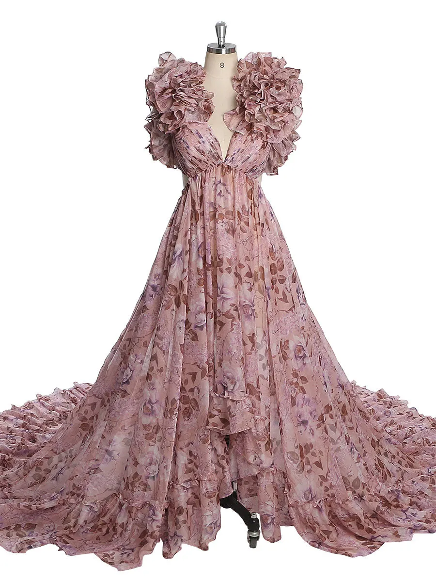 Print Floral Chiffon Woman Dress Photo Shoot Dress Maxi Dress with Long Train YW231023