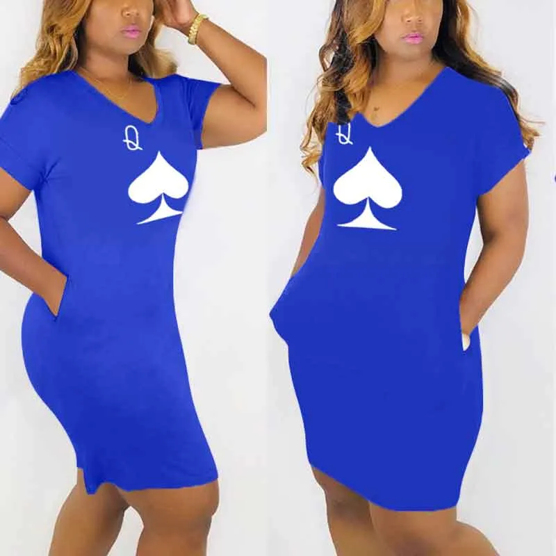 Print V-Neck Short Sleeve Pocket Design Midi Dress