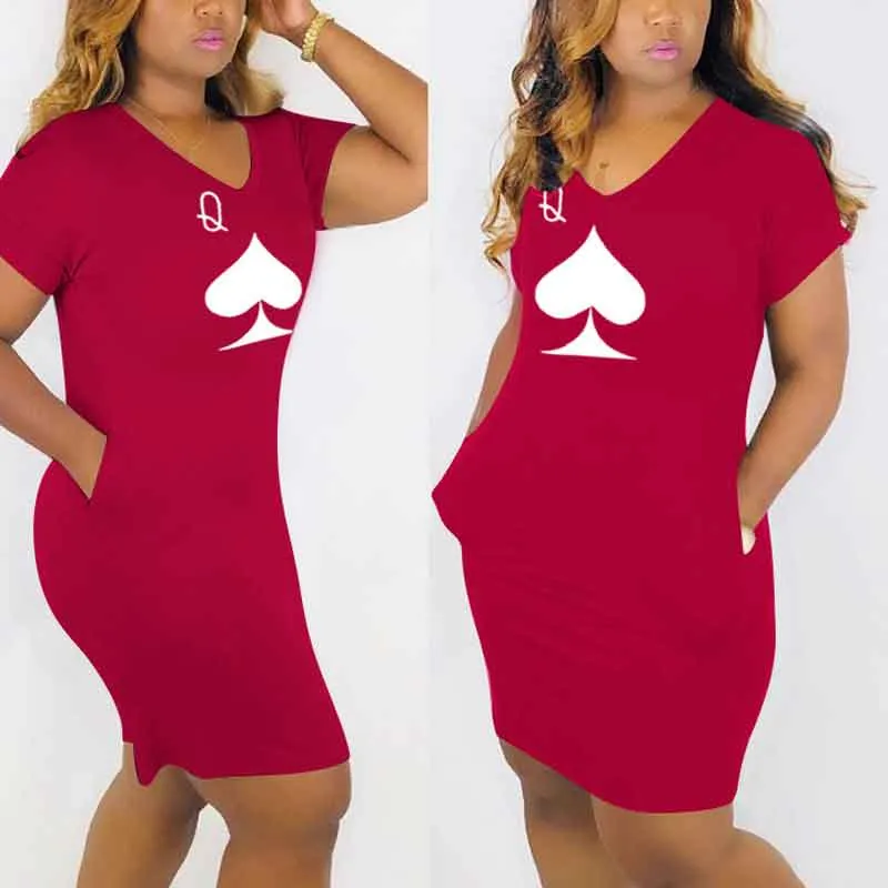 Print V-Neck Short Sleeve Pocket Design Midi Dress