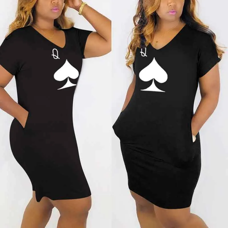 Print V-Neck Short Sleeve Pocket Design Midi Dress