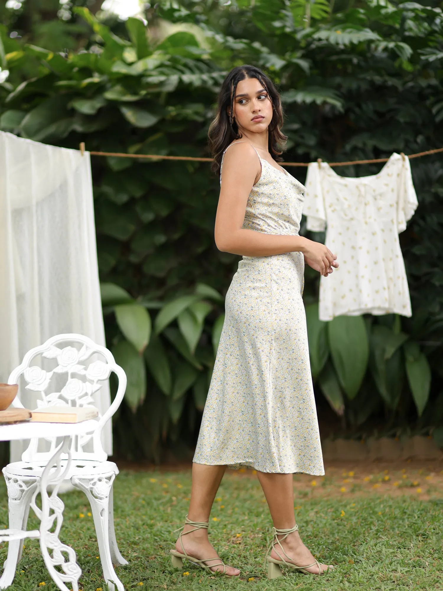 Printed Midi Cowl Neck Dress