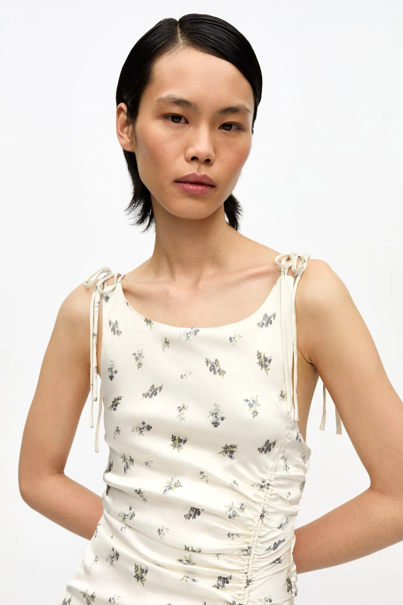Printed Satin Gathered Long Dress | Egret