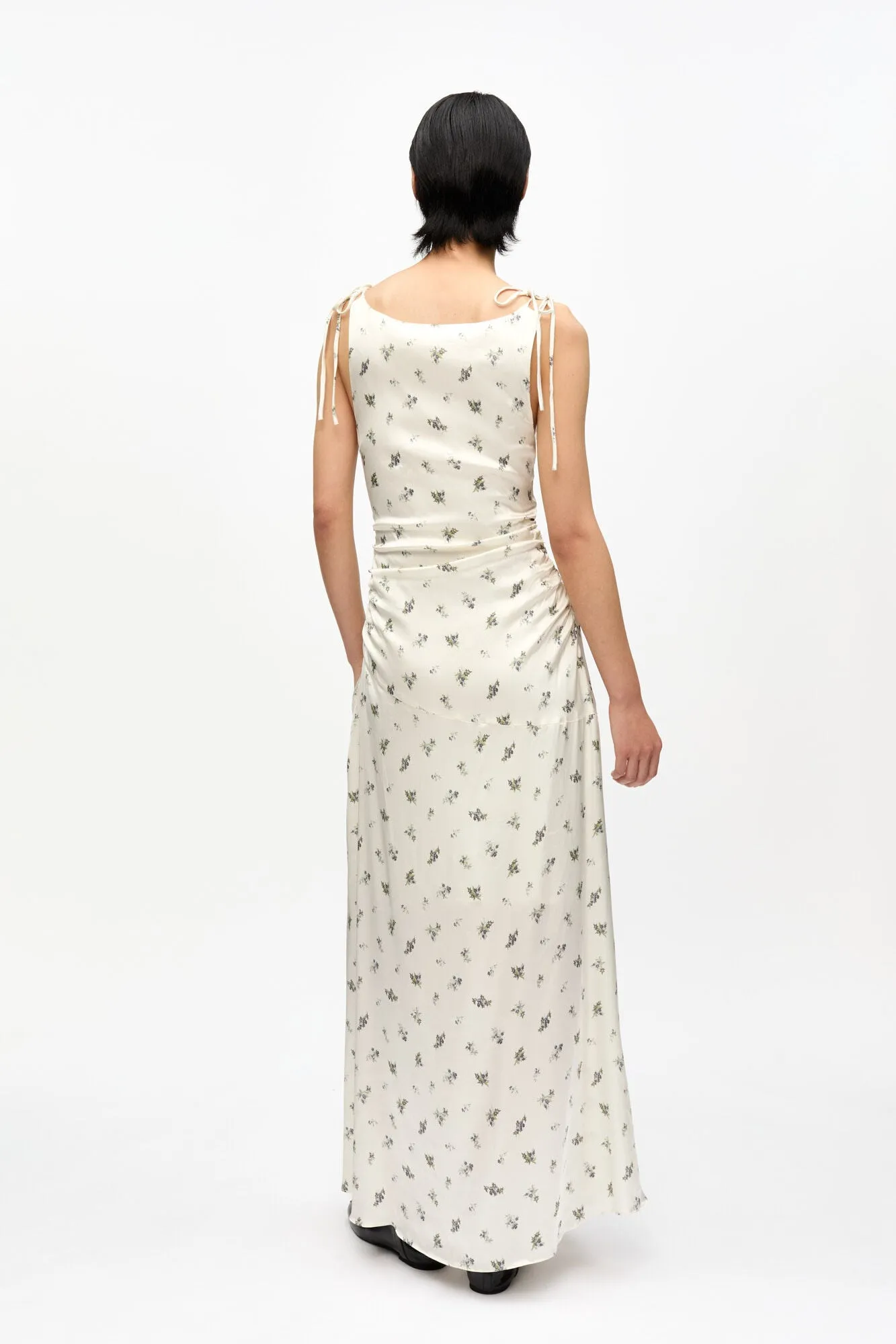 Printed Satin Gathered Long Dress | Egret