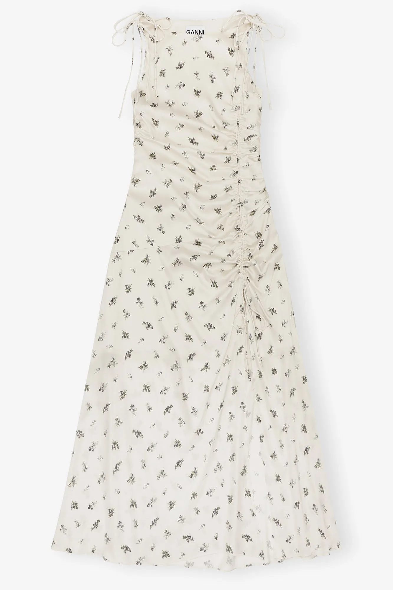 Printed Satin Gathered Long Dress | Egret