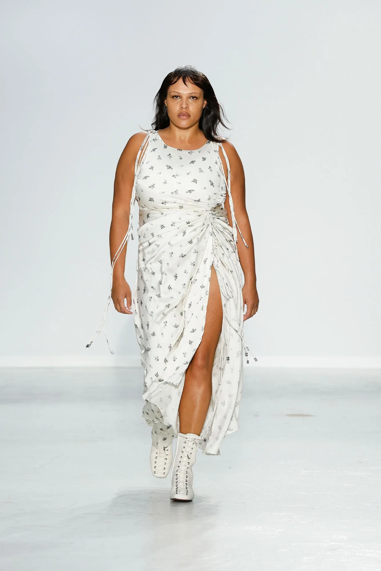 Printed Satin Gathered Long Dress | Egret