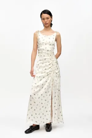 Printed Satin Gathered Long Dress | Egret