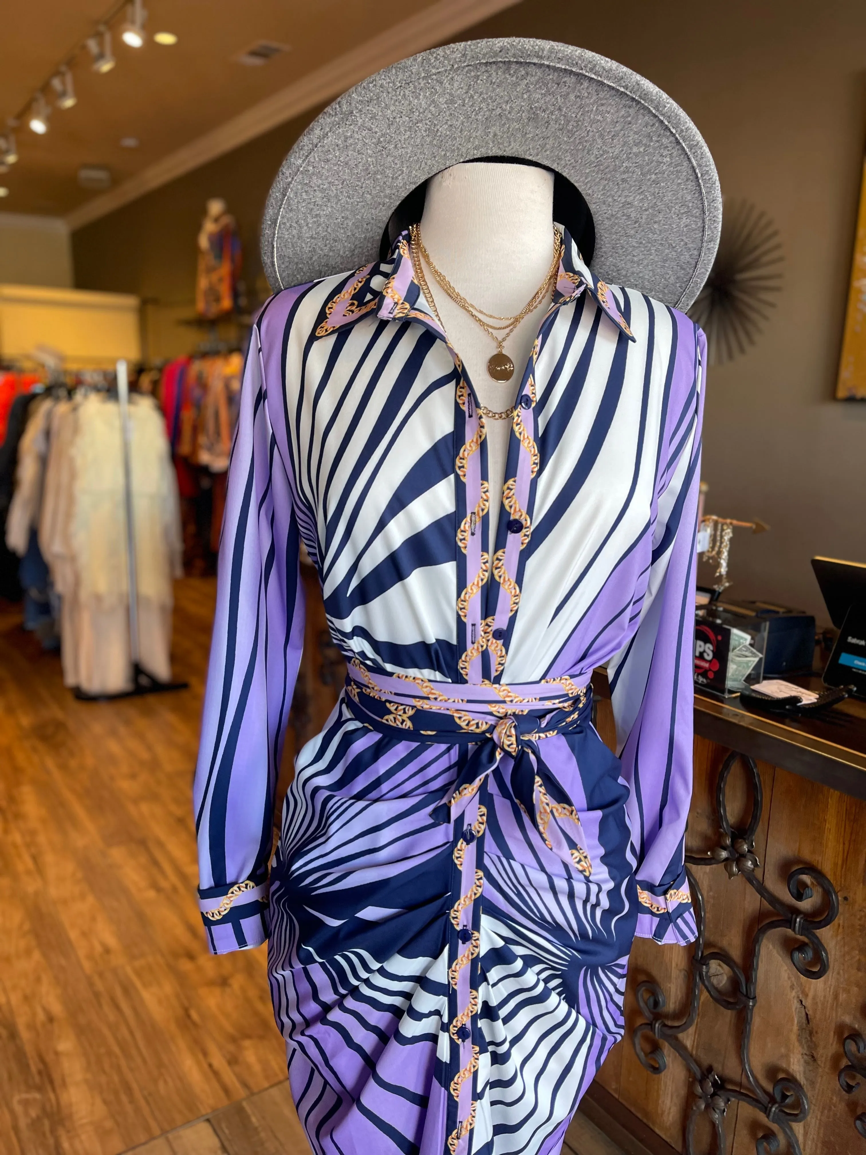 Printed Satin Long Sleeve Dress