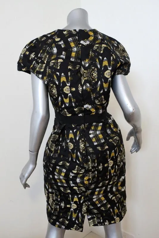 Proenza Schouler Dress Black/Yellow Printed Satin Jacquard Size 8 Cap Sleeve NEW