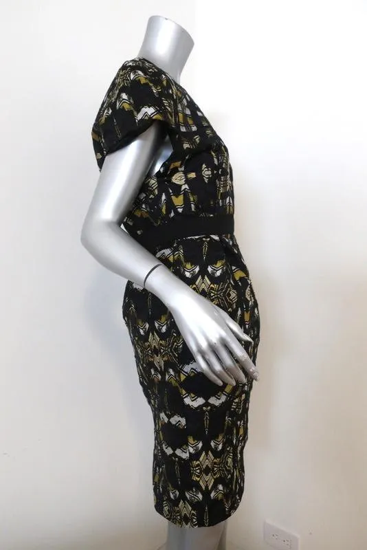 Proenza Schouler Dress Black/Yellow Printed Satin Jacquard Size 8 Cap Sleeve NEW