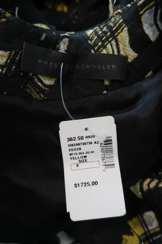 Proenza Schouler Dress Black/Yellow Printed Satin Jacquard Size 8 Cap Sleeve NEW