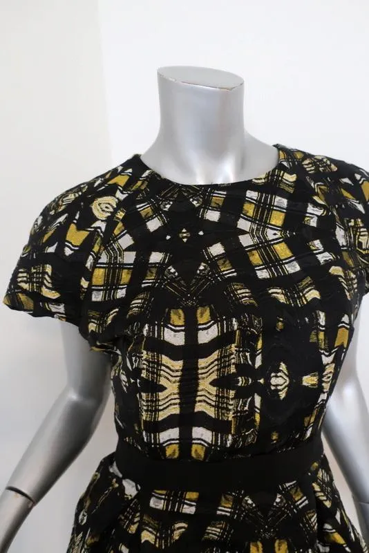 Proenza Schouler Dress Black/Yellow Printed Satin Jacquard Size 8 Cap Sleeve NEW