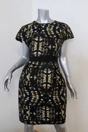 Proenza Schouler Dress Black/Yellow Printed Satin Jacquard Size 8 Cap Sleeve NEW