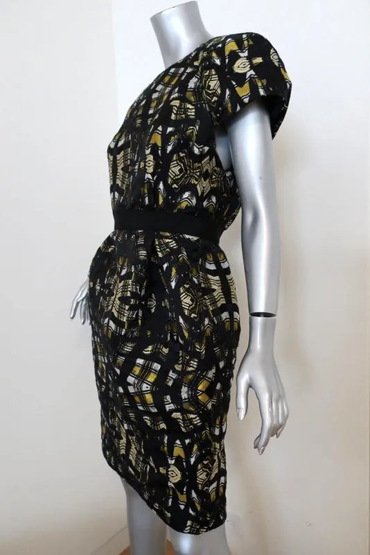 Proenza Schouler Dress Black/Yellow Printed Satin Jacquard Size 8 Cap Sleeve NEW