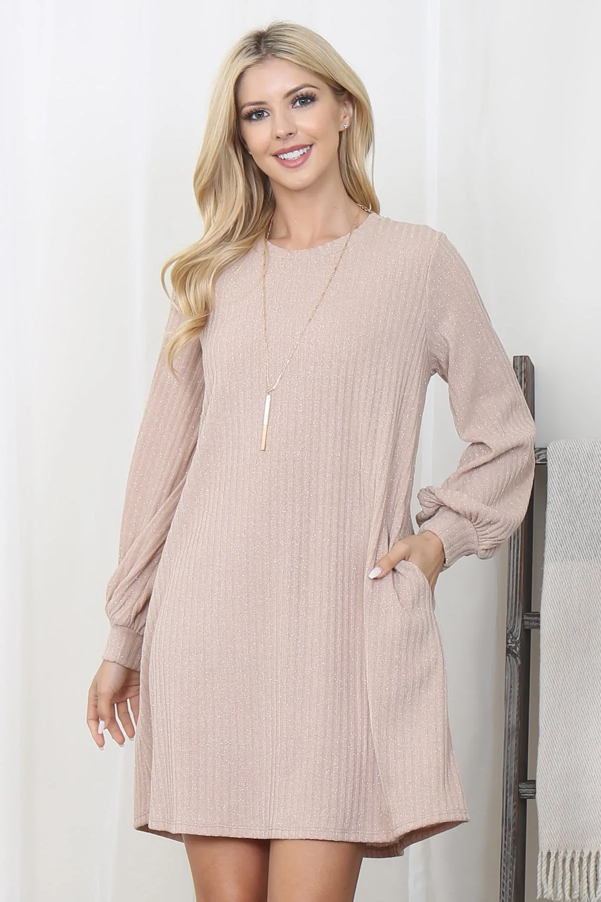Puff Sleeve Glitter Detail Above Knee Dress
