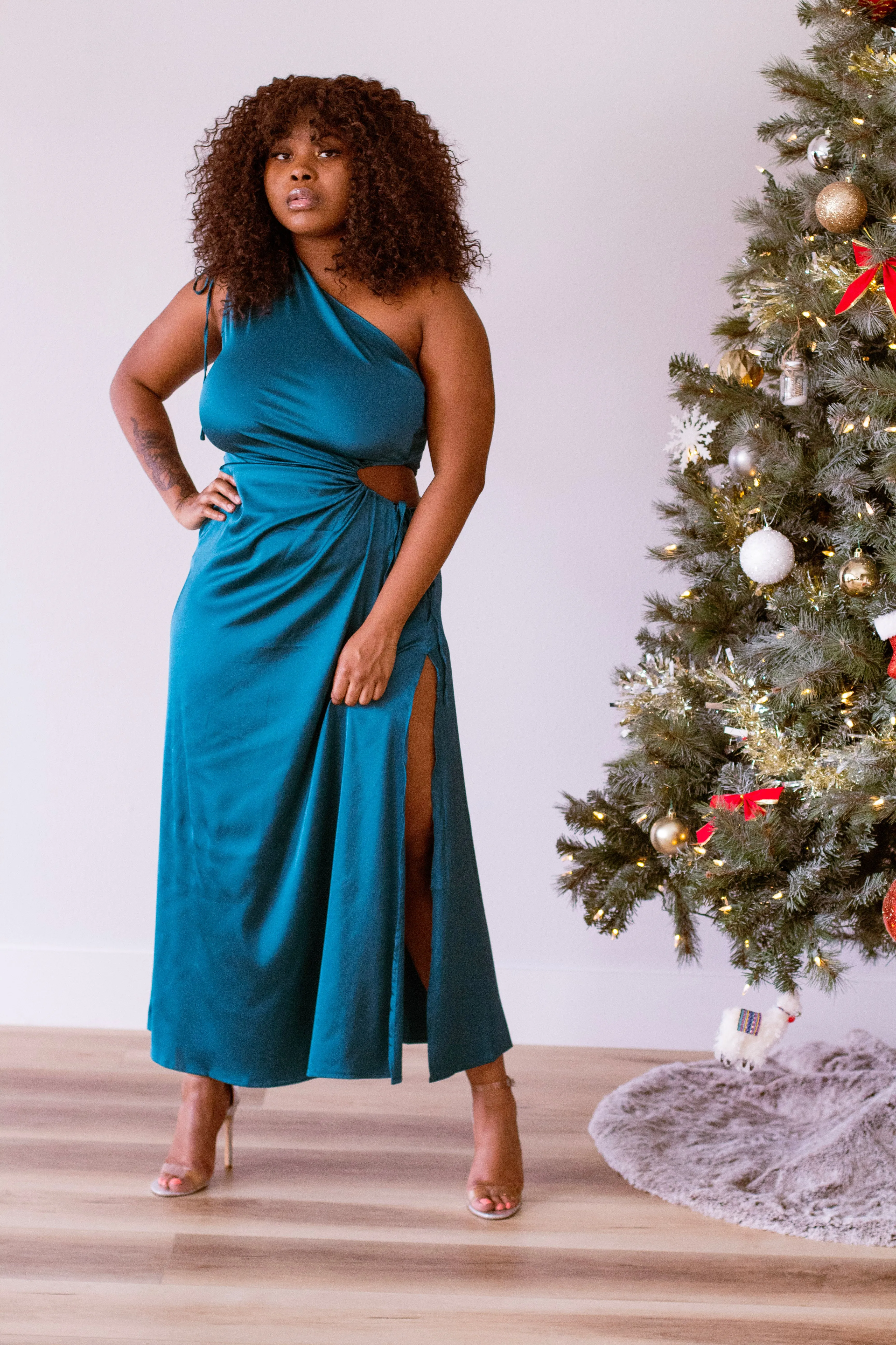 Raya One Shoulder Satin Dress (Teal)