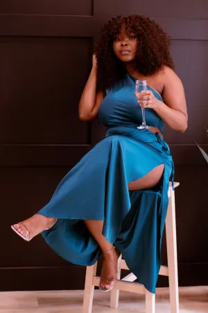 Raya One Shoulder Satin Dress (Teal)