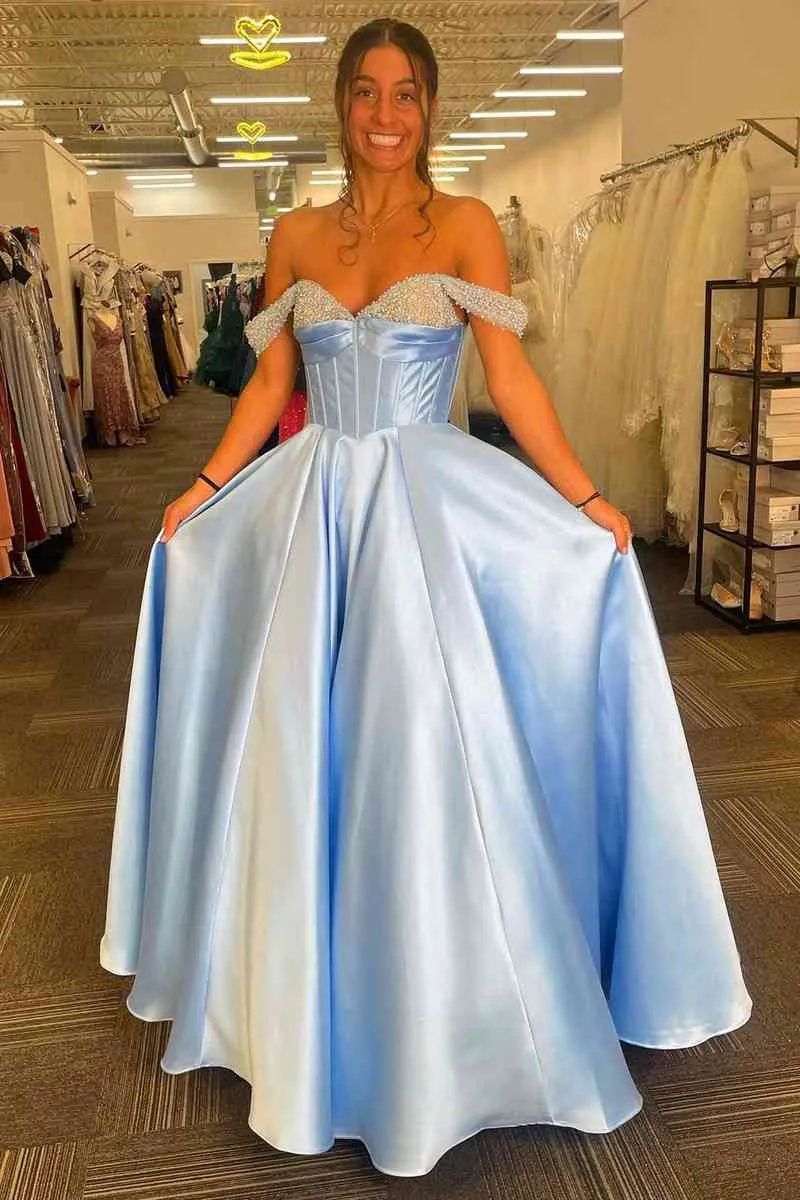 Red Beaded Corset A-Line Off-the-Shoulder Prom Gown