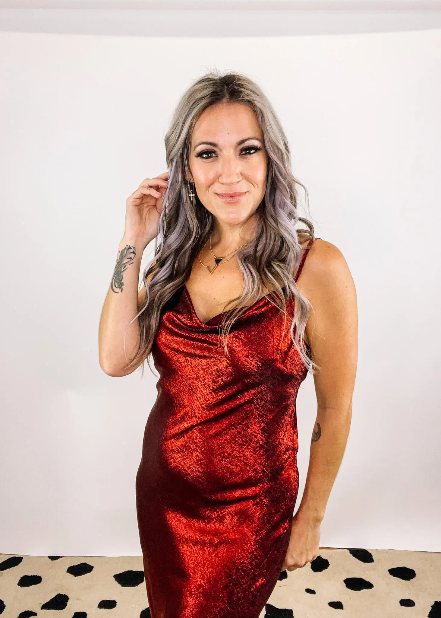 Red Burnout Satin Sheeth Dress with Side Slit