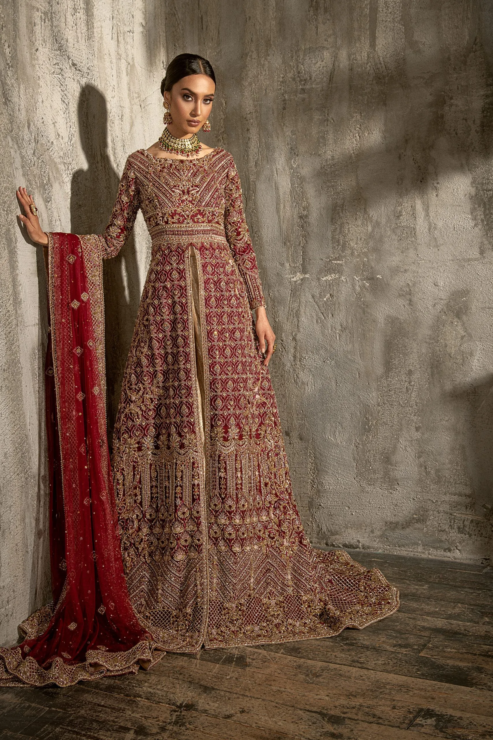 Red Embellished Frock Lehenga Dress for Bride #BN1131