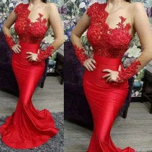 red lace appliqué evening dresses long sleeve mermaid beaded elegant cheap evening gown vestido de longo