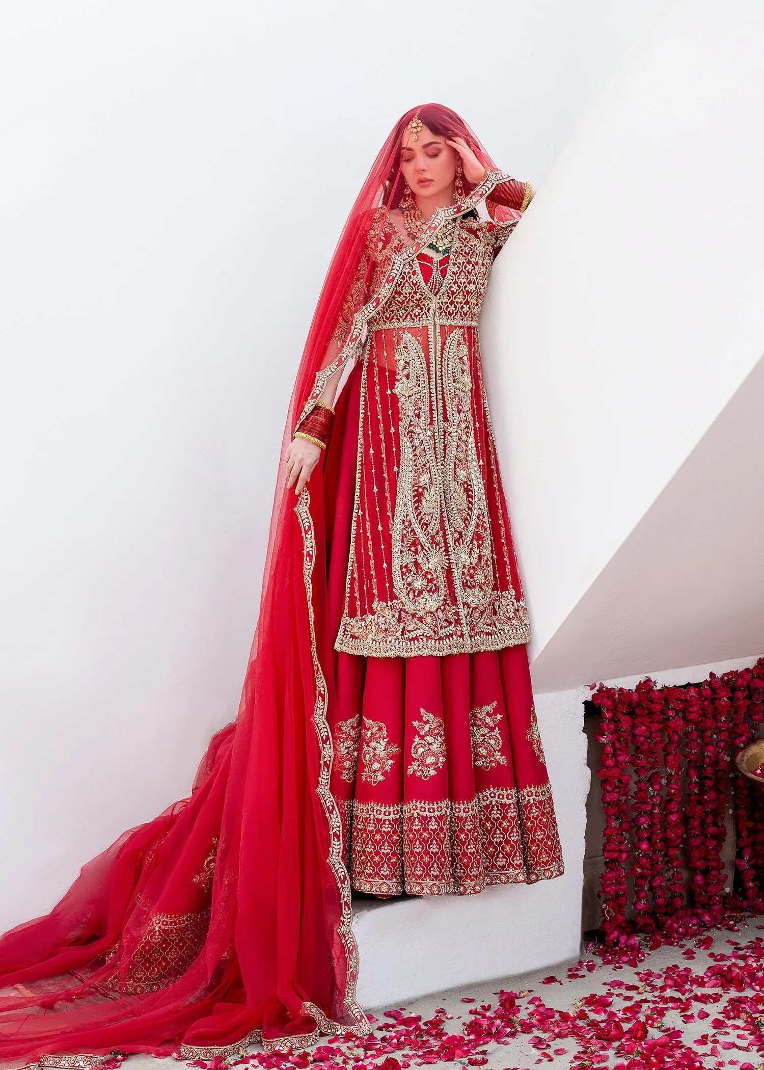 Red Pakistani Bridal Dress in Farshi Lehenga Style