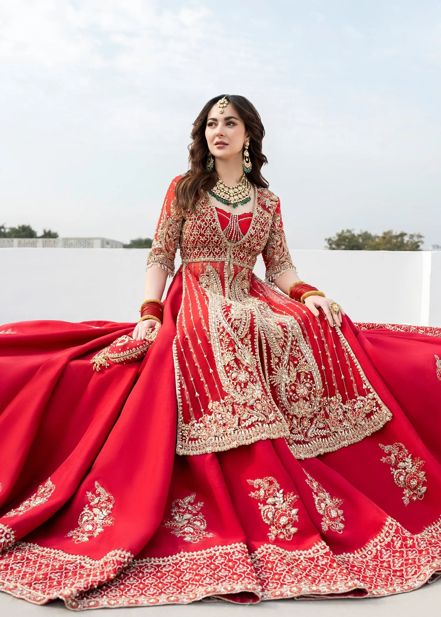 Red Pakistani Bridal Dress in Farshi Lehenga Style