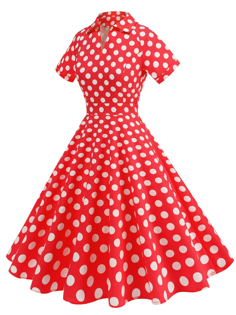 Red Polka Dots V Neck Short Sleeve Swing Vintage 1950S Dress