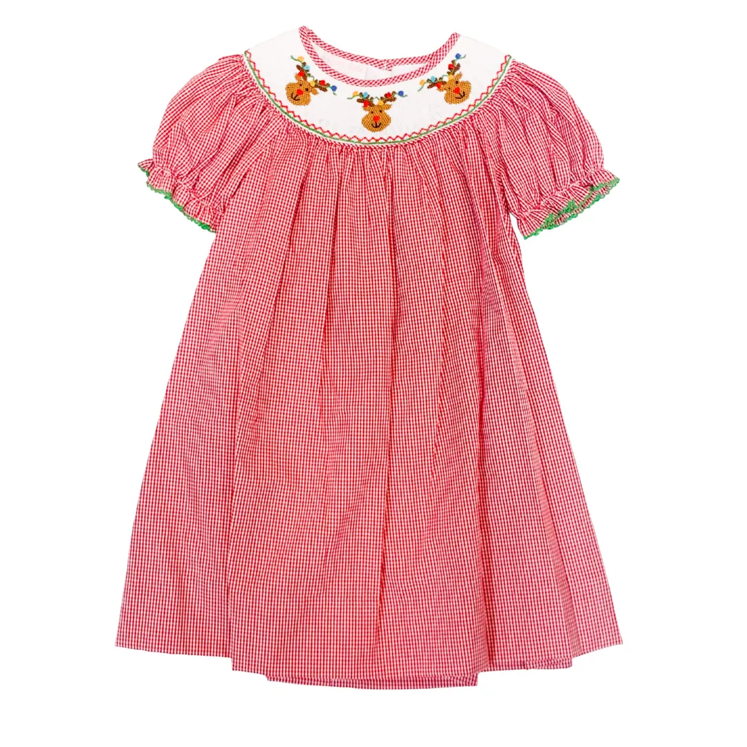 Reindeer Face - Bishop Dress Short Sleeve Red