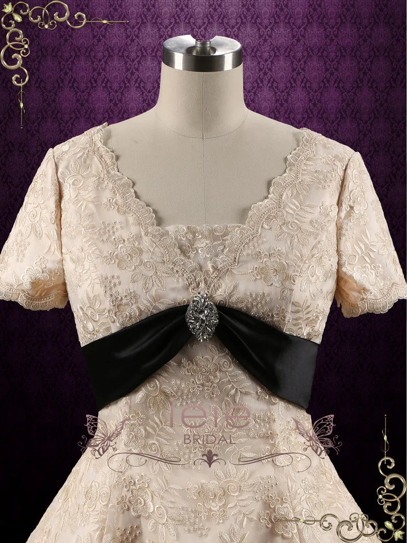 Retro Vintage Style Modest Tea Length Wedding Dress with short sleeves JACKIE